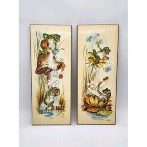 Vintage 1979 Frog Wall Art Signed by Coby. Bathroom Decor Pressed Wood.